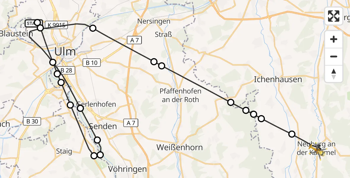 Flugroute Rettungshubschrauber Ulm Military Hospital Emergency - Neuburg a.d.Kammel, 28 September 2026, 14:53