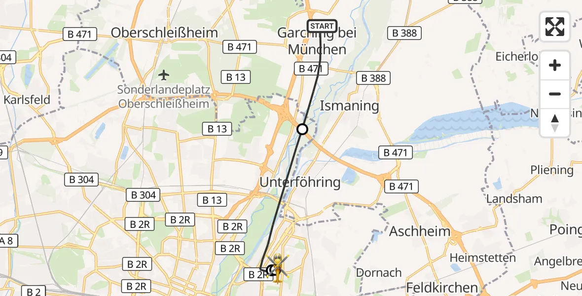 Flugroute Rettungshubschrauber Garching b.München - München Bogenhausen Hospital, 28 September 2026, 15:04