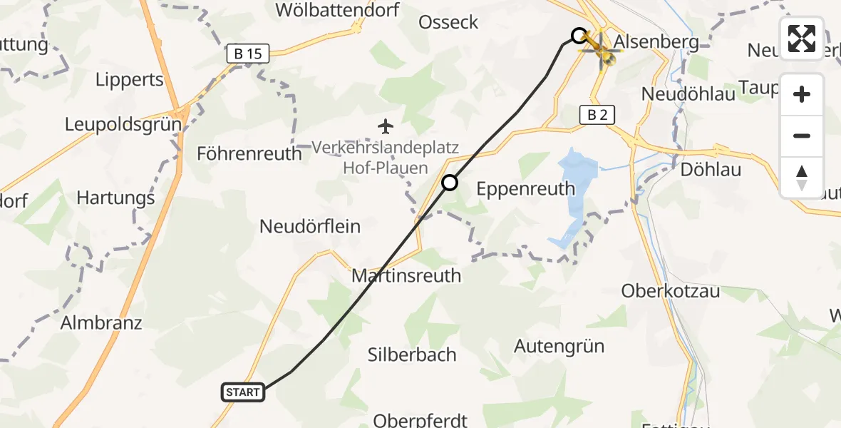 Flugroute Ambulanzhubschrauber Konradsreuth - Sana Clinic Hof Hubschrauberlandeplatz, 28 September 2026, 15:04