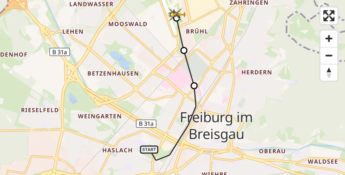 Flugroute Ambulanzhubschrauber Freiburg im Breisgau - Freiburg im Breisgau Flugplatz, 28 September 2026, 15:12