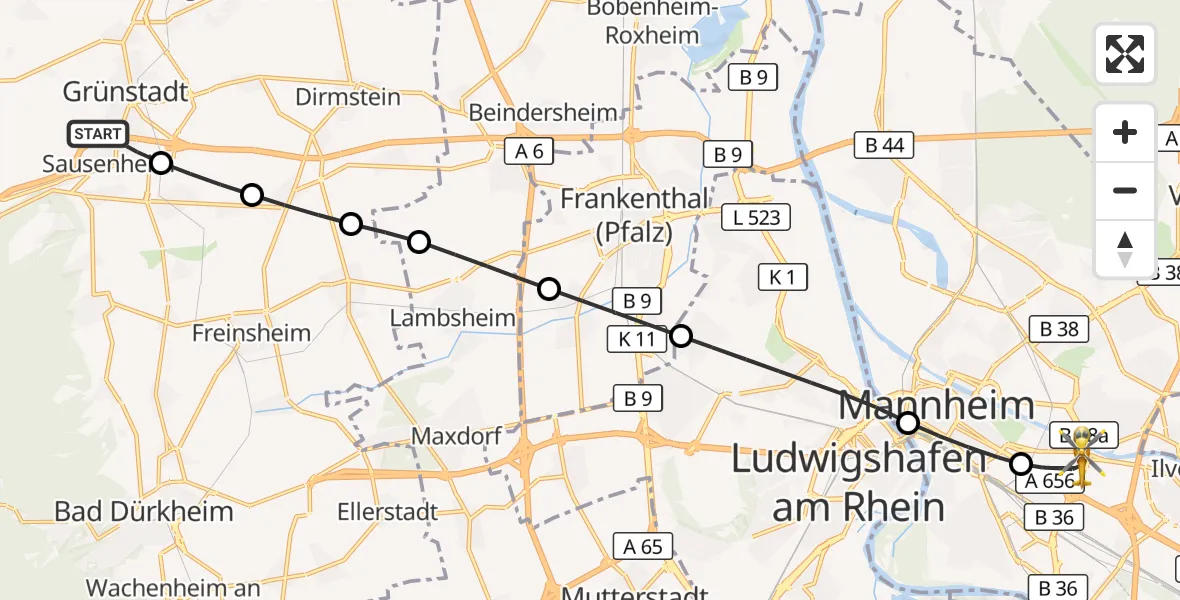 Flugroute Rettungshubschrauber Grünstadt - Mannheim-City Flughafen, 28 September 2026, 15:14