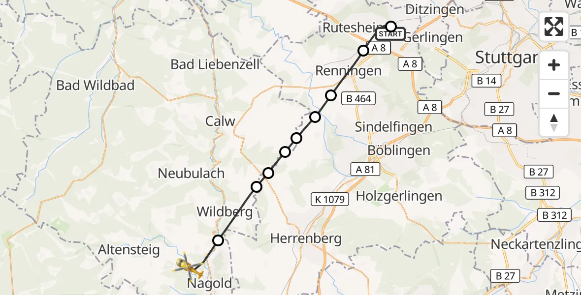 Flugroute Rettungshubschrauber Leonberg Hospital - Rohrdorf, 28 September 2026, 15:20