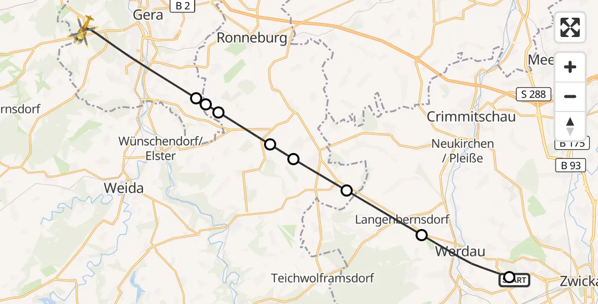 Flugroute Rettungshubschrauber ADAC Air Rescue Station Zwickau Hubschrauberlandeplatz - Gera, 28 September 2026, 15:20