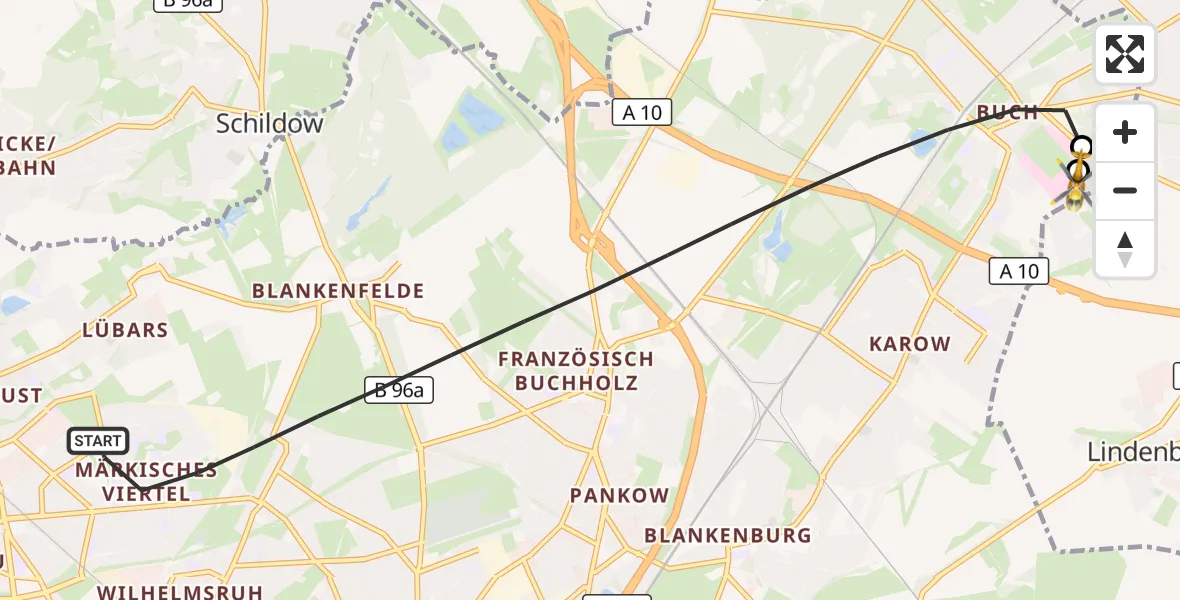 Flugroute Rettungshubschrauber Berlin - Helios Clinic Berlin-Buch, 28 September 2026, 15:20