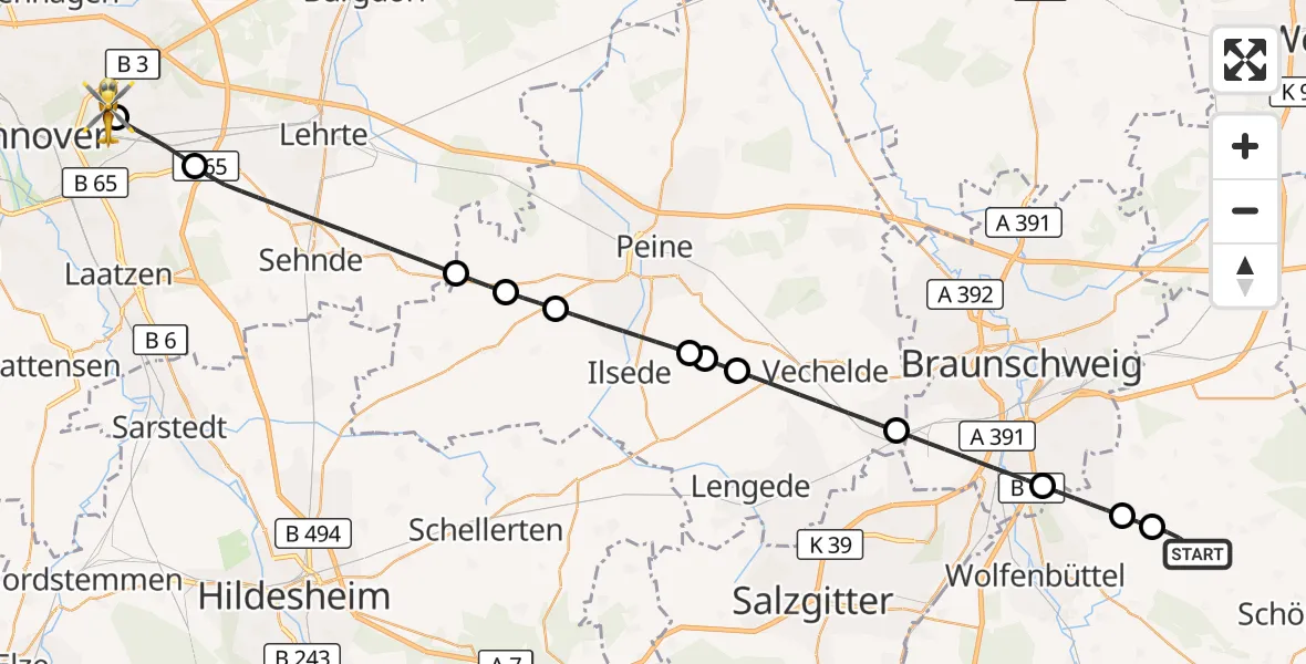 Flugroute Rettungshubschrauber Dettum - Hannover Luftrettung Hubschrauberlandeplatz (Christoph 4), 28 September 2026, 15:29