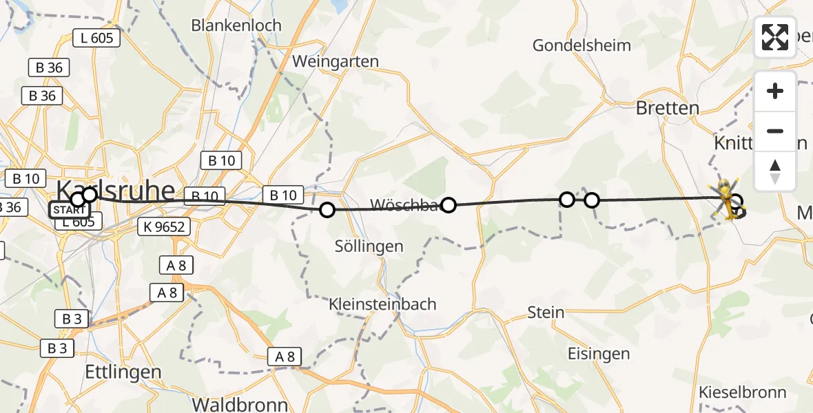Flugroute Ambulanzhubschrauber Sankt Vincentius Hospital - Knittlingen, 28 September 2026, 15:32