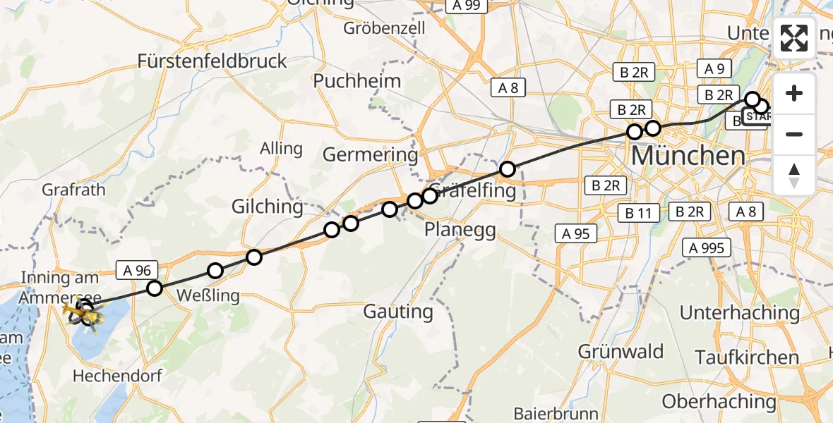 Flugroute Rettungshubschrauber München Bogenhausen Hospital - Inning a.Ammersee, 28 September 2026, 15:34