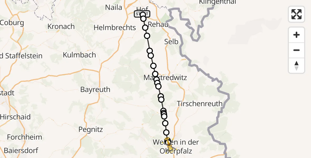 Flugroute Ambulanzhubschrauber Sana Clinic Hof Hubschrauberlandeplatz - Weiden in der Oberpfalz Flugplatz, 28 September 2026, 15:36