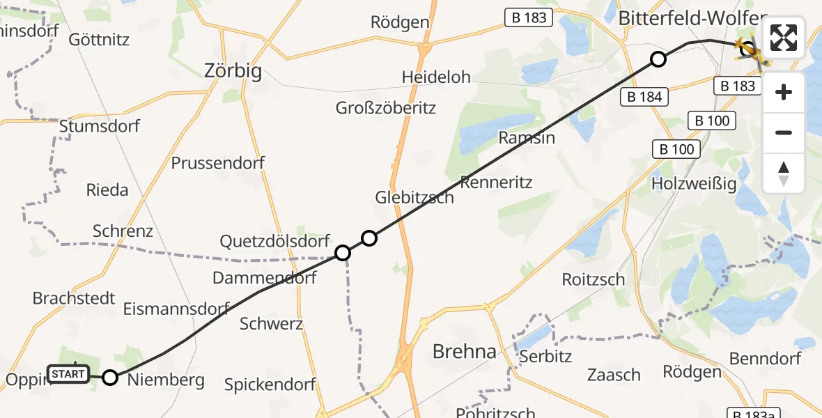 Flugroute Rettungshubschrauber Halle-Oppin Flugplatz - Bitterfield-Wolfen Health Center Hubschrauberlandeplatz, 28 September 2026, 15:42