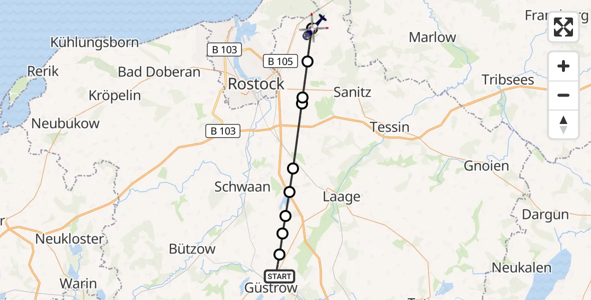 Flugroute Polizeihubschrauber Güstrow - Rövershagen, 28 September 2026, 15:45