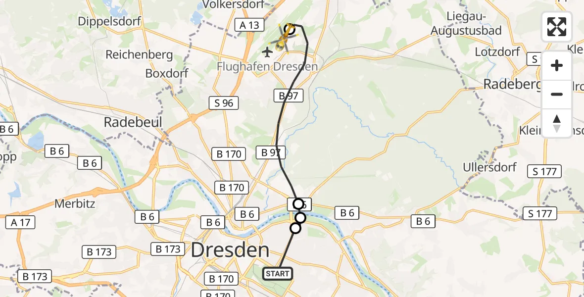 Flugroute Rettungshubschrauber Dresden - Dresden Bundespolizei Hubschrauberlandeplatz, 28 September 2026, 15:45