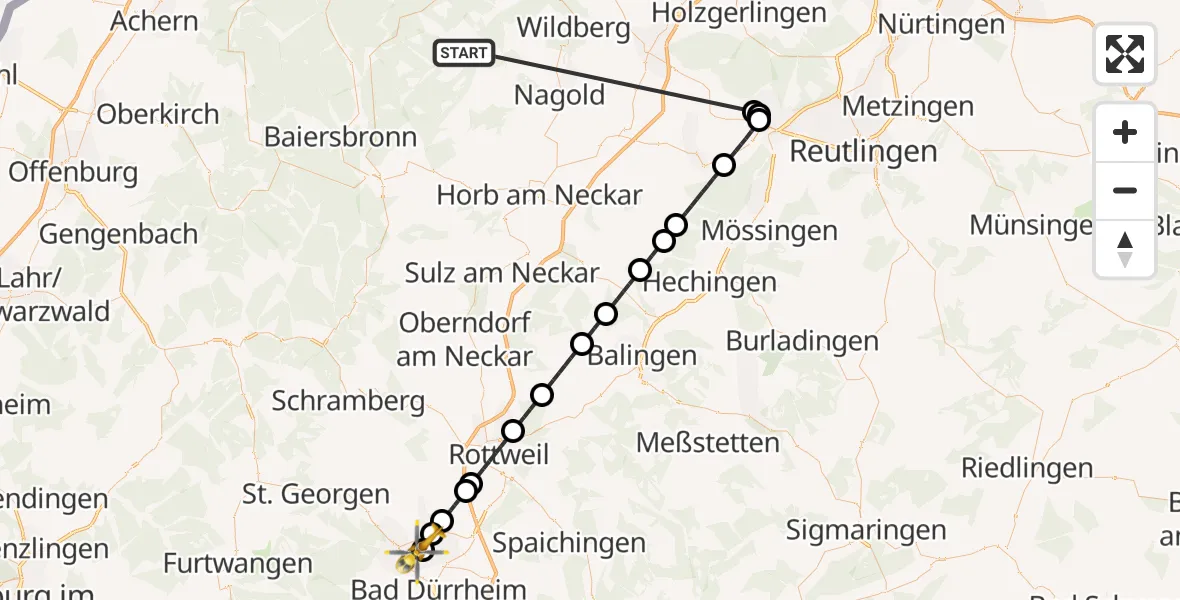 Flugroute Ambulanzhubschrauber Altensteig - DRF Air Rescue Station Villingen-Schwenningen Hubschrauberlandeplatz (Christoph 11), 28 September 2026, 15:48