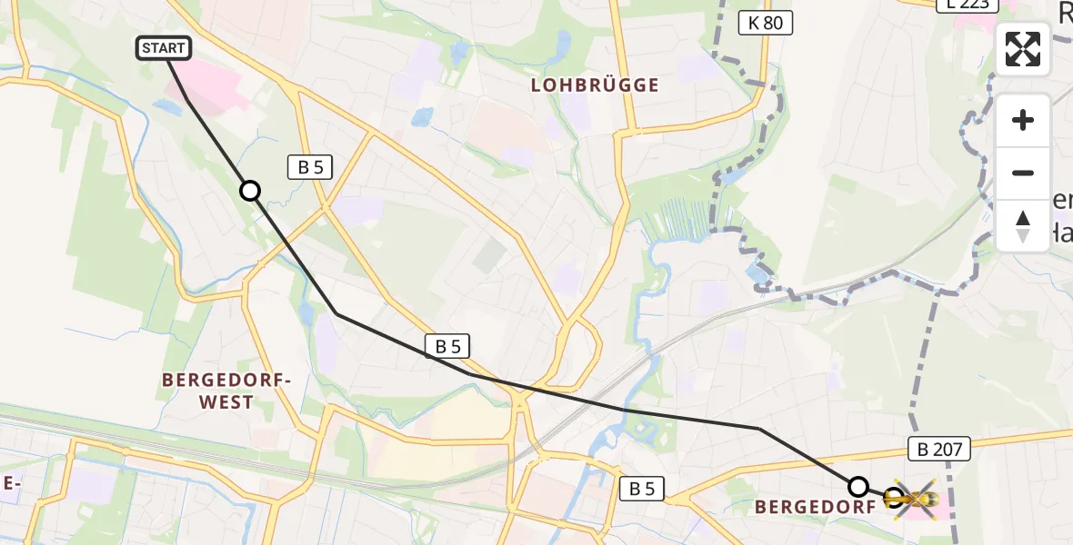 Flugroute Rettungshubschrauber Christoph Hansa ADAC Hubschrauberlandeplatz - Bethesda Hospital, 28 September 2026, 15:51