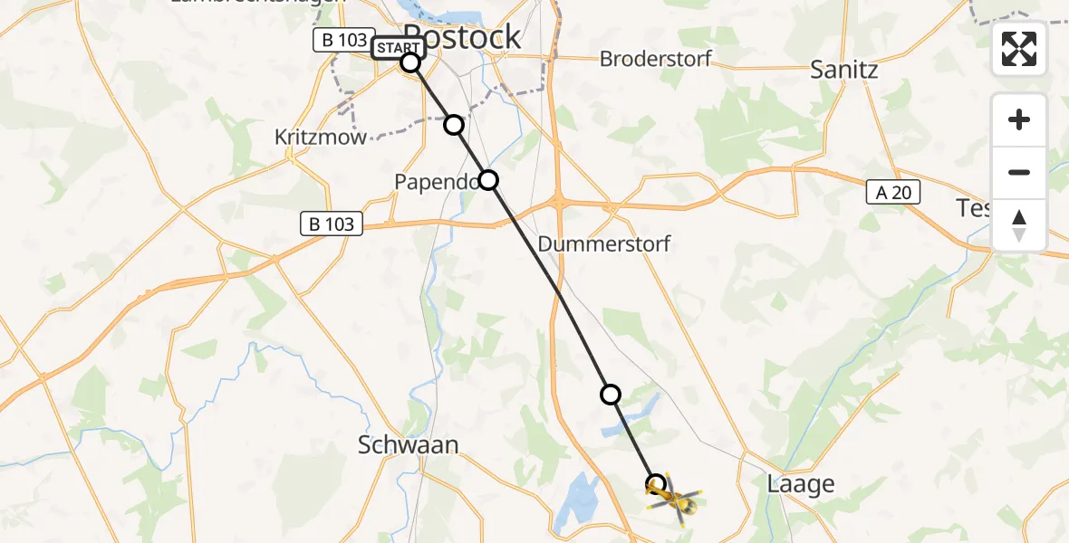 Flugroute Rettungshubschrauber Rostock University Hubschrauberlandeplatz - Flughafen Rostock-Laage, 28 September 2026, 15:53