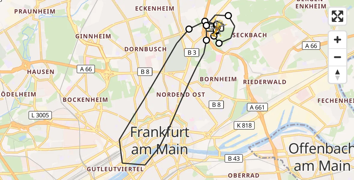 Flugroute Rettungshubschrauber Frankfurt am Main Accident Hospital Roof - Frankfurt am Main Accident Hospital Roof Helipad (CHX2), 28 September 2026, 15:54