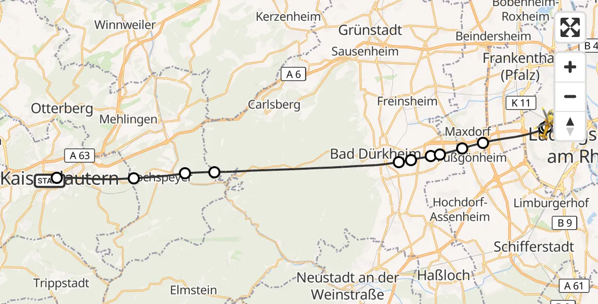Flugroute Rettungshubschrauber Westpfalz Hospital Kaiserslautern - Ludwigshafen Accident Hospital, 28 September 2026, 15:55