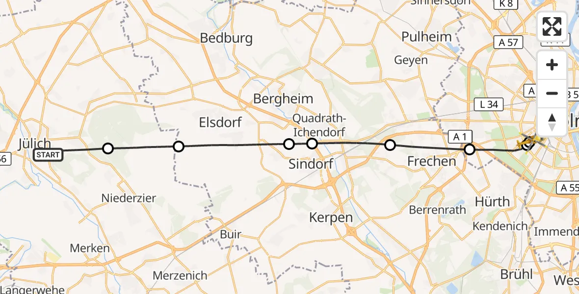 Flugroute Rettungshubschrauber Jülich - Köln University Hospital, 28 September 2026, 15:56