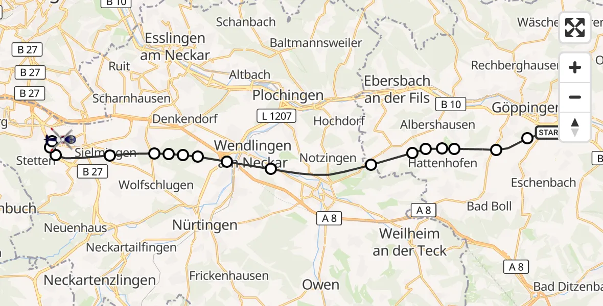 Flugroute Polizeihubschrauber Göppingen - Flughafen Stuttgart, 28 September 2026, 16:02
