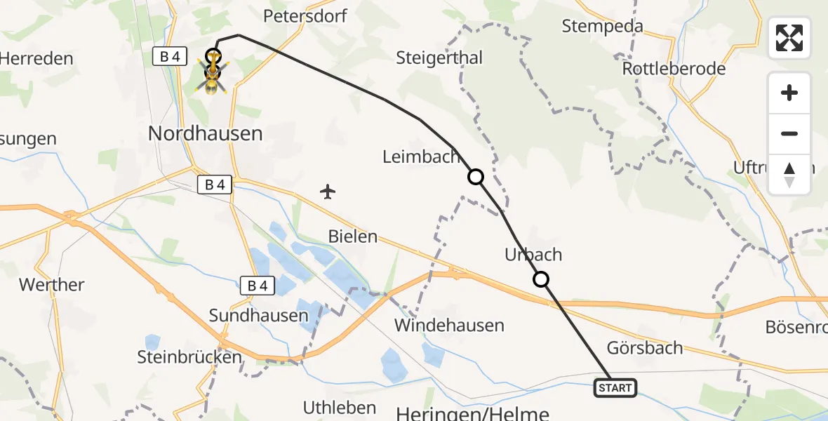 Flugroute Rettungshubschrauber Görsbach - Südharz Hospital Nordhausen, 28 September 2026, 16:02
