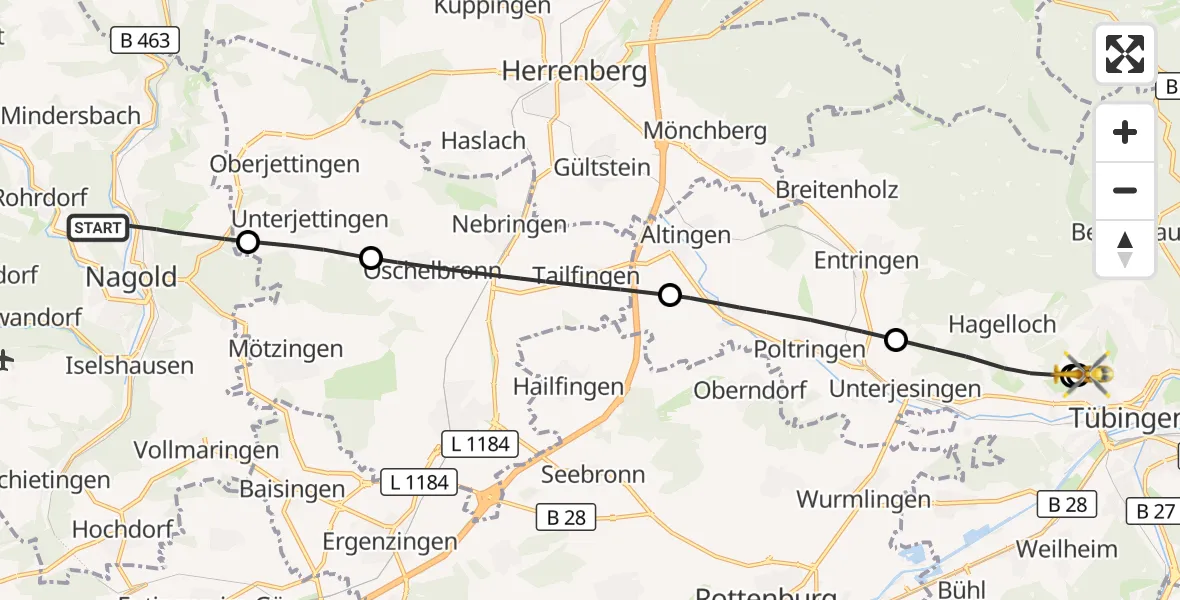 Flugroute Rettungshubschrauber Nagold - Tübingen University Hospital, 28 September 2026, 16:07