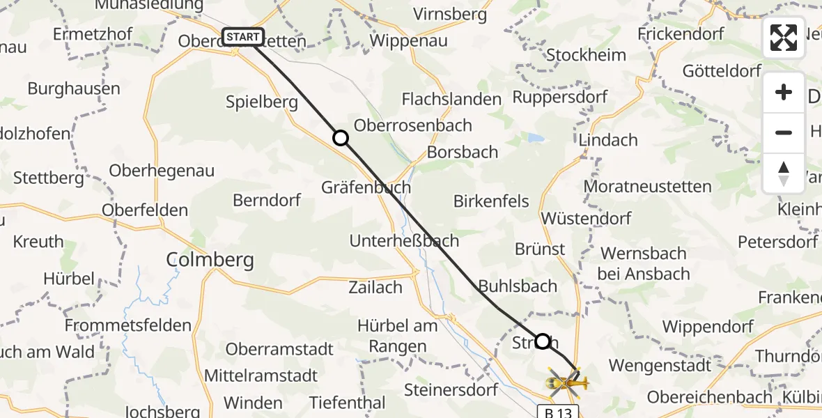 Flugroute Rettungshubschrauber Oberdachstetten - Ansbach, 28 September 2026, 16:11