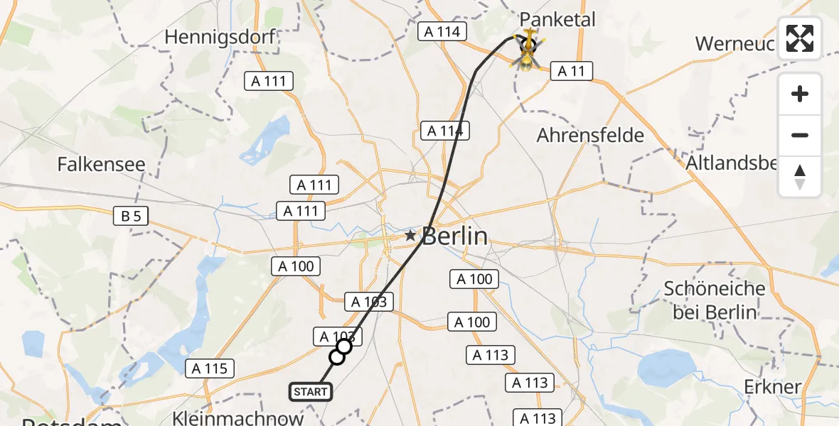 Flugroute Rettungshubschrauber Berlin - Helios Clinic Berlin-Buch, 28 September 2026, 16:21