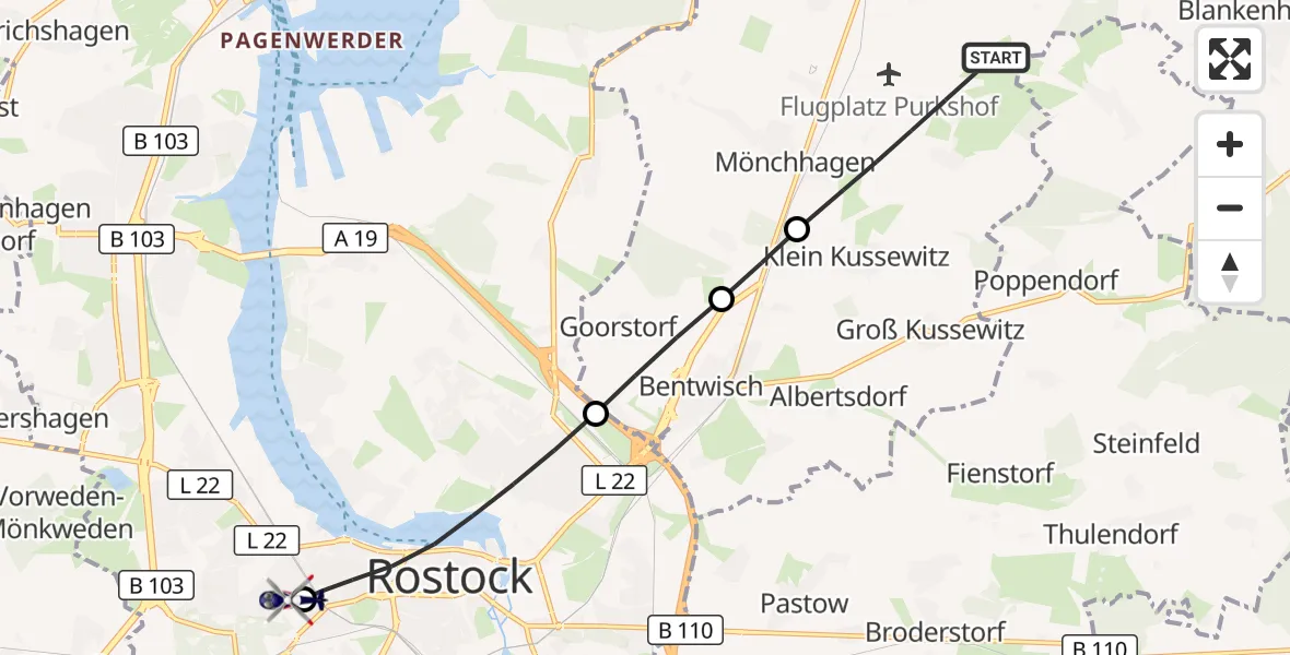 Flugroute Polizeihubschrauber Bentwisch - Rostock University Hubschrauberlandeplatz, 28 September 2026, 16:25