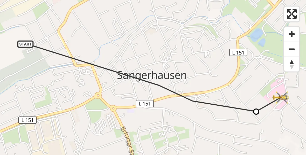 Flugroute Rettungshubschrauber Sangerhausen - Helios Clinic Mansfeld-Südharz, 28 September 2026, 16:29