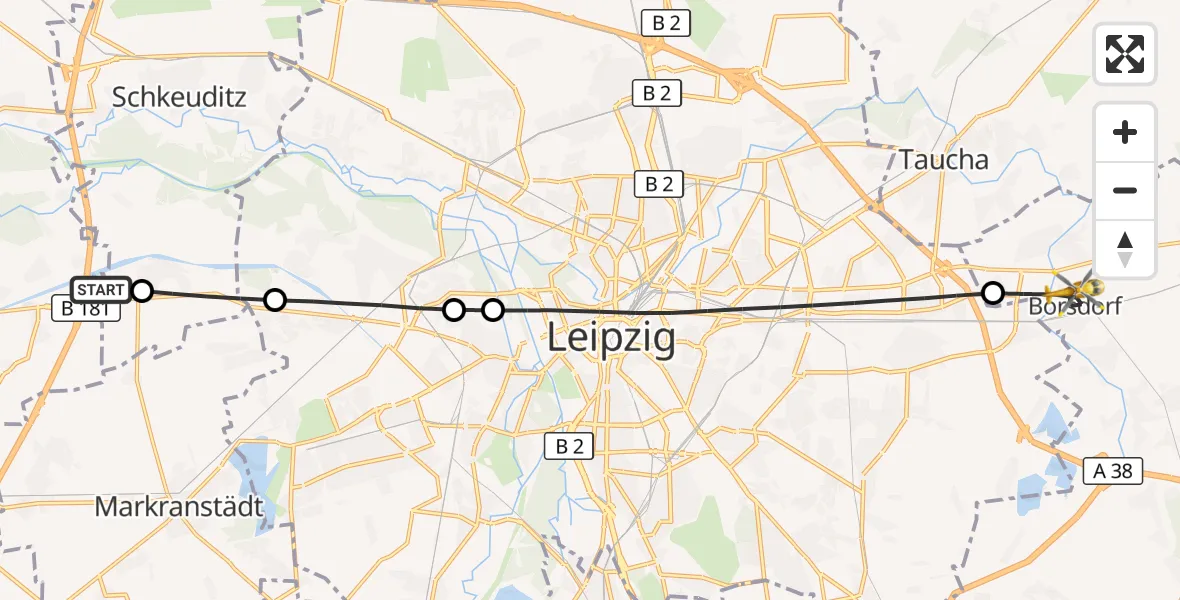 Flugroute Rettungshubschrauber ADAC Air Rescue Station Leipzig/Schkeuditz-Dölzig Hubschrauberlandeplatz (Christoph 61) - Borsdorf, 28 September 2026, 16:35