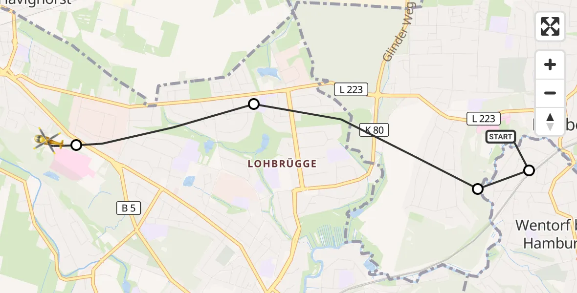 Flugroute Rettungshubschrauber Reinbek St. Adolf-Stift Hospital - Christoph Hansa ADAC Hubschrauberlandeplatz, 28 September 2026, 16:38