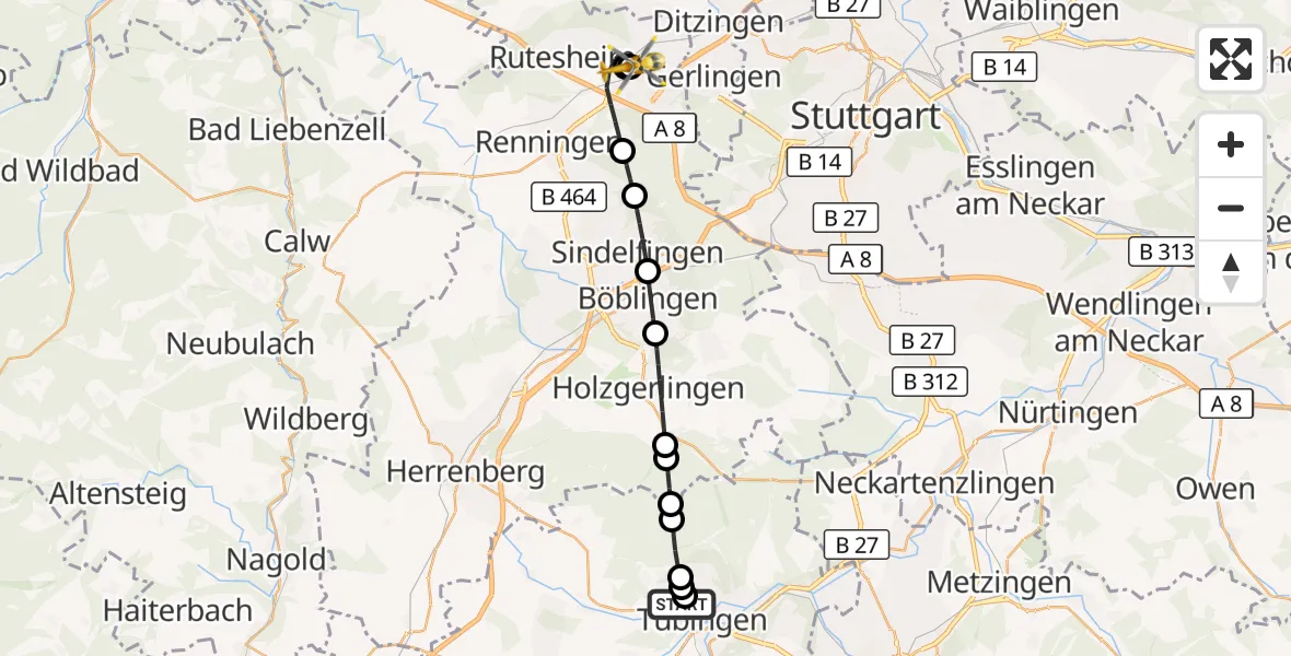 Flugroute Rettungshubschrauber Tübingen University Hospital - Leonberg Hospital, 28 September 2026, 16:41