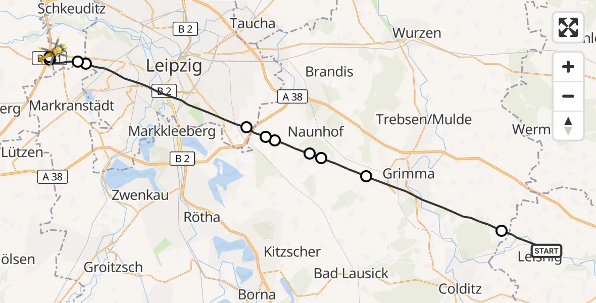 Flugroute Rettungshubschrauber Leisnig - ADAC Air Rescue Station Leipzig/Schkeuditz-Dölzig Hubschrauberlandeplatz (Christoph 61), 28 September 2026, 16:47