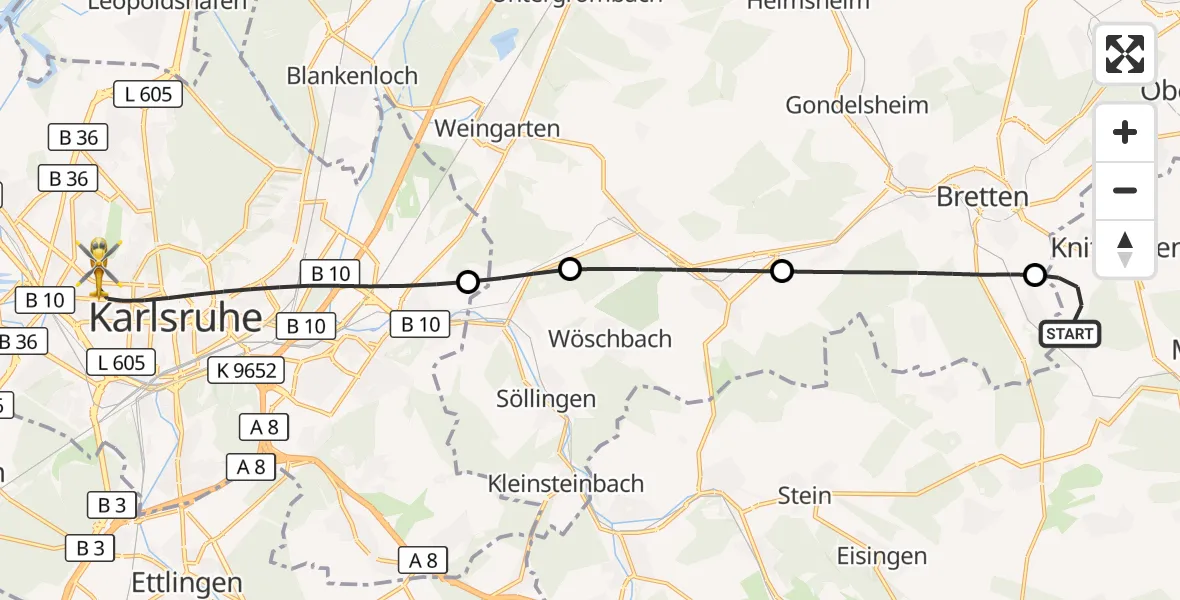 Flugroute Ambulanzhubschrauber Knittlingen - Karlsruhe, 28 September 2026, 16:49