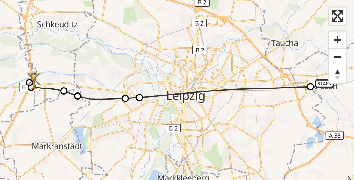 Flugroute Rettungshubschrauber Borsdorf - ADAC Air Rescue Station Leipzig/Schkeuditz-Dölzig Hubschrauberlandeplatz (Christoph 61), 28 September 2026, 17:14