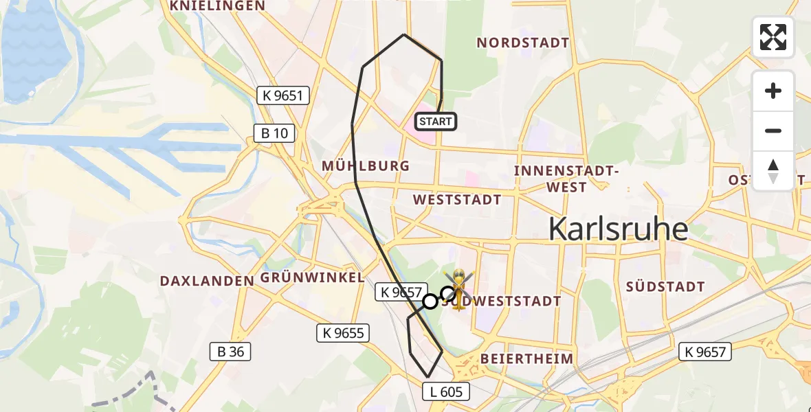 Flugroute Ambulanzhubschrauber Karlsruhe - Sankt Vincentius Hospital, 28 September 2026, 17:29