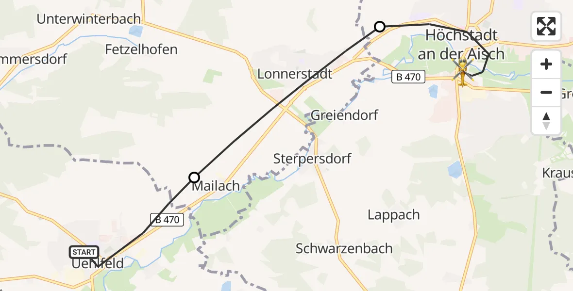 Flugroute Ambulanzhubschrauber Uehlfeld - Höchstadt a.d.Aisch, 28 September 2026, 17:30