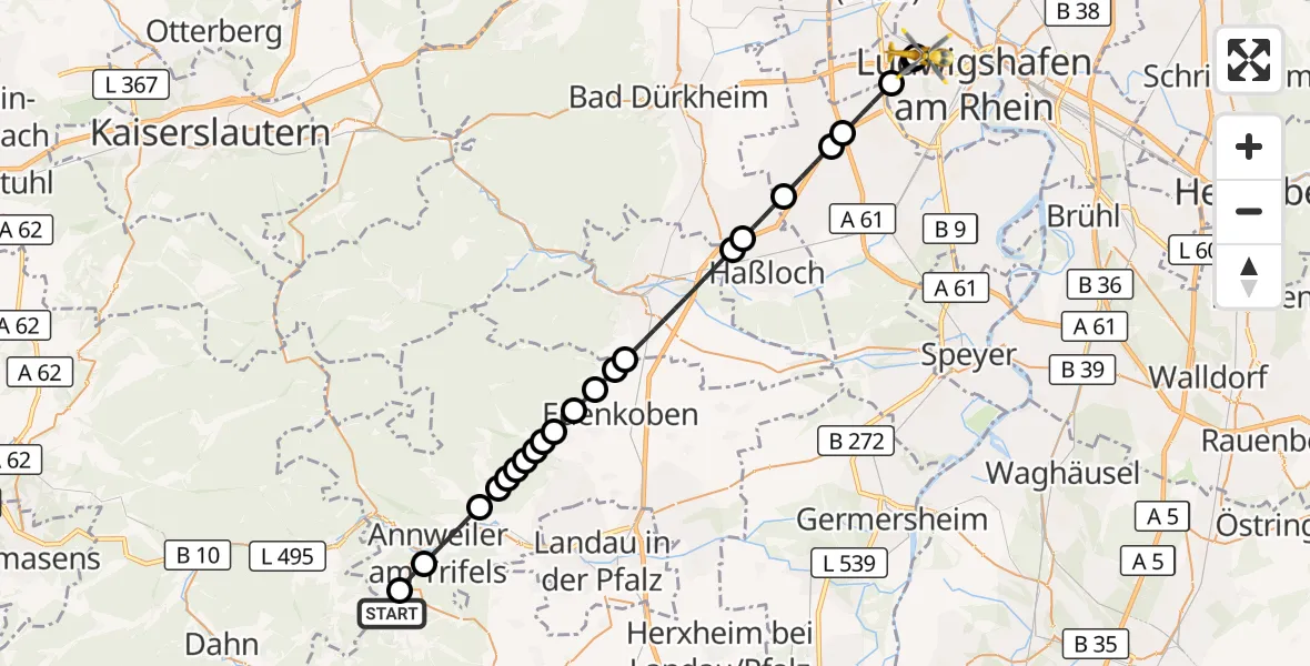 Flugroute Rettungshubschrauber Völkersweiler - Ludwigshafen Accident Hospital, 28 September 2026, 17:33