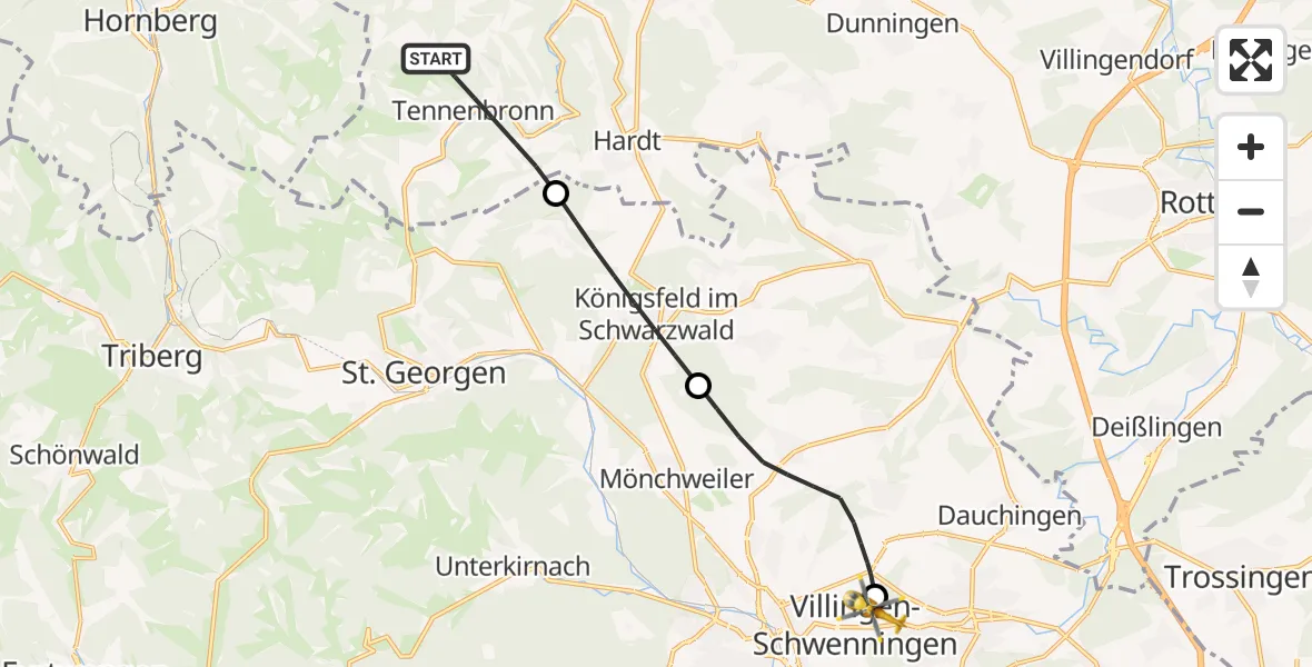 Flugroute Rettungshubschrauber Schramberg - DRF Air Rescue Station Villingen-Schwenningen Hubschrauberlandeplatz (Christoph 11), 28 September 2026, 17:41