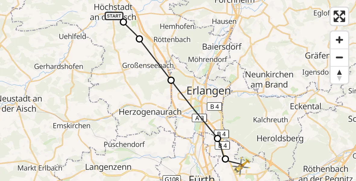 Flugroute Ambulanzhubschrauber Höchstadt a.d.Aisch - Flughafen Nuremberg, 28 September 2026, 17:58