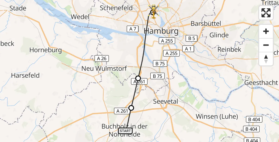Flugroute Rettungshubschrauber Buchholz in der Nordheide - Universitätsklinikum Hamburg-Eppendorf Hubschrauberlandeplatz, 28 September 2026, 17:58