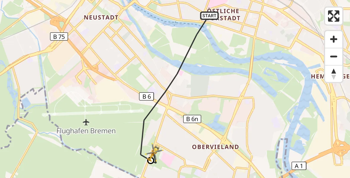 Flugroute Rettungshubschrauber Bremen - ADAC Air Rescue Station Bremen Hubschrauberlandeplatz (Christoph 6), 28 September 2026, 18:14