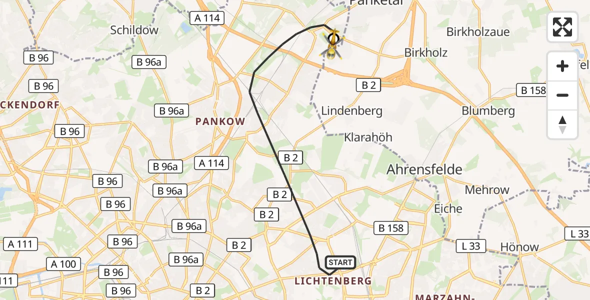 Flugroute Rettungshubschrauber Berlin - Helios Clinic Berlin-Buch, 28 September 2026, 18:19