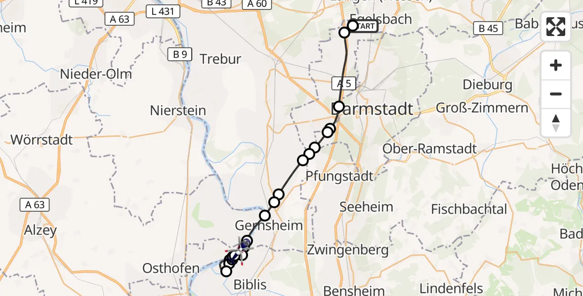 Flugroute Polizeihubschrauber Flughafen Frankfurt-Egelsbach - Worms, 28 September 2026, 18:30