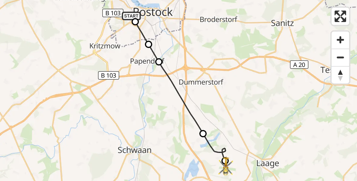 Flugroute Rettungshubschrauber Rostock University Hubschrauberlandeplatz - Flughafen Rostock-Laage, 28 September 2026, 18:51