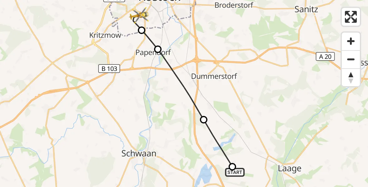 Flugroute Rettungshubschrauber Flughafen Rostock-Laage - Rostock, 28 September 2026, 19:16