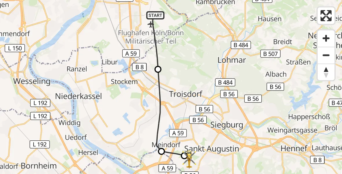 Flugroute Ambulanzhubschrauber Köln Bonn Flughafen - Bonn-Hangelar Flugplatz, 28 September 2026, 19:17
