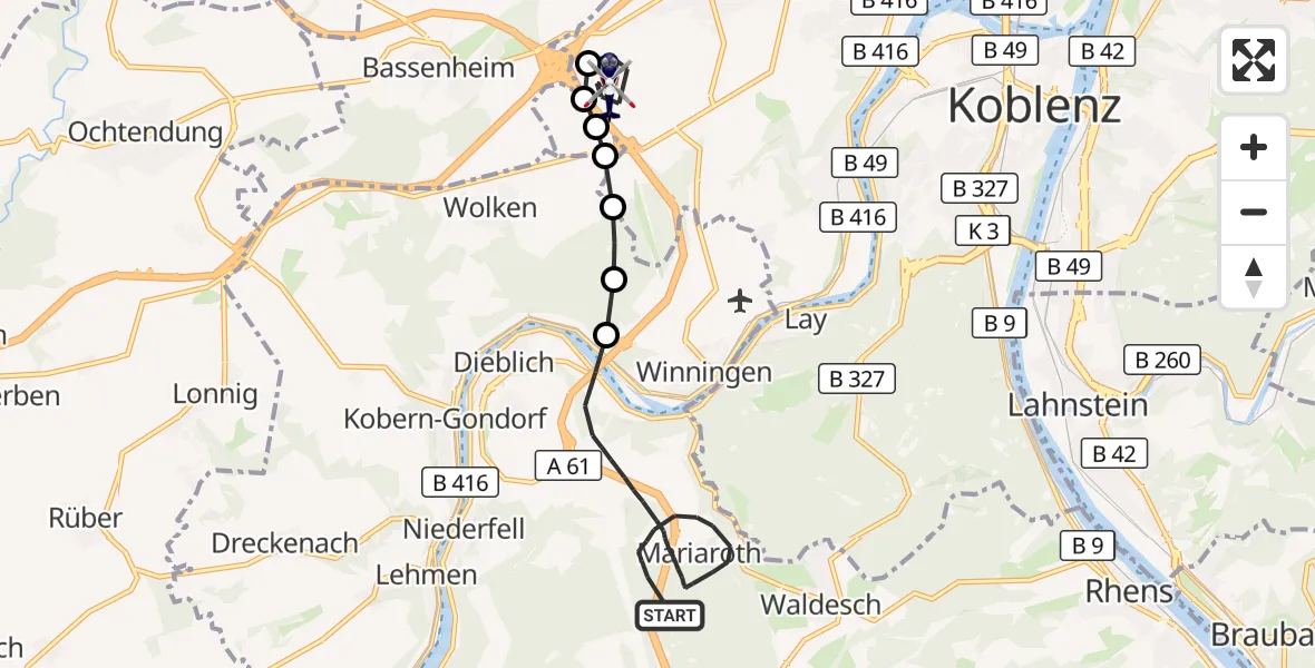 Flugroute Polizeihubschrauber Dieblich - Koblenz, 28 September 2026, 19:41