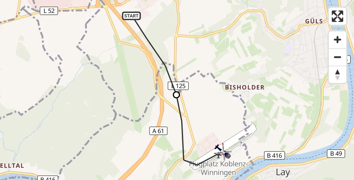 Flugroute Polizeihubschrauber Koblenz - Koblenz-Winningen Flugplatz, 28 September 2026, 20:03