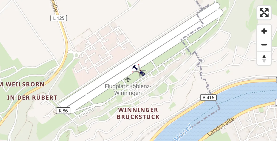 Flugroute Polizeihubschrauber Koblenz-Winningen Flugplatz - Koblenz-Winningen Flugplatz, 28 September 2026, 20:06