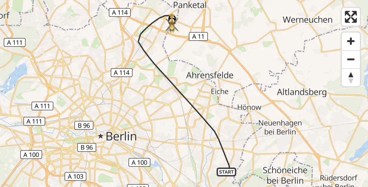 Flugroute Rettungshubschrauber Berlin - Helios Clinic Berlin-Buch, 28 September 2026, 20:09